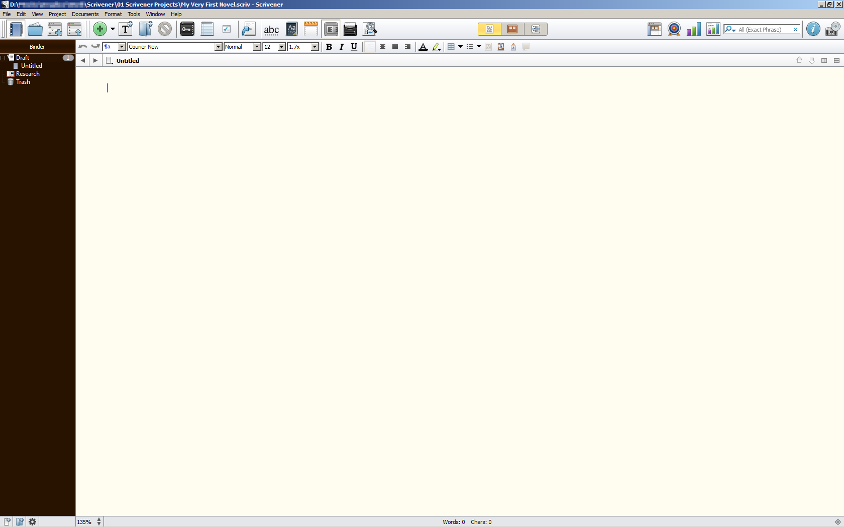 Scrivener typical new blank project